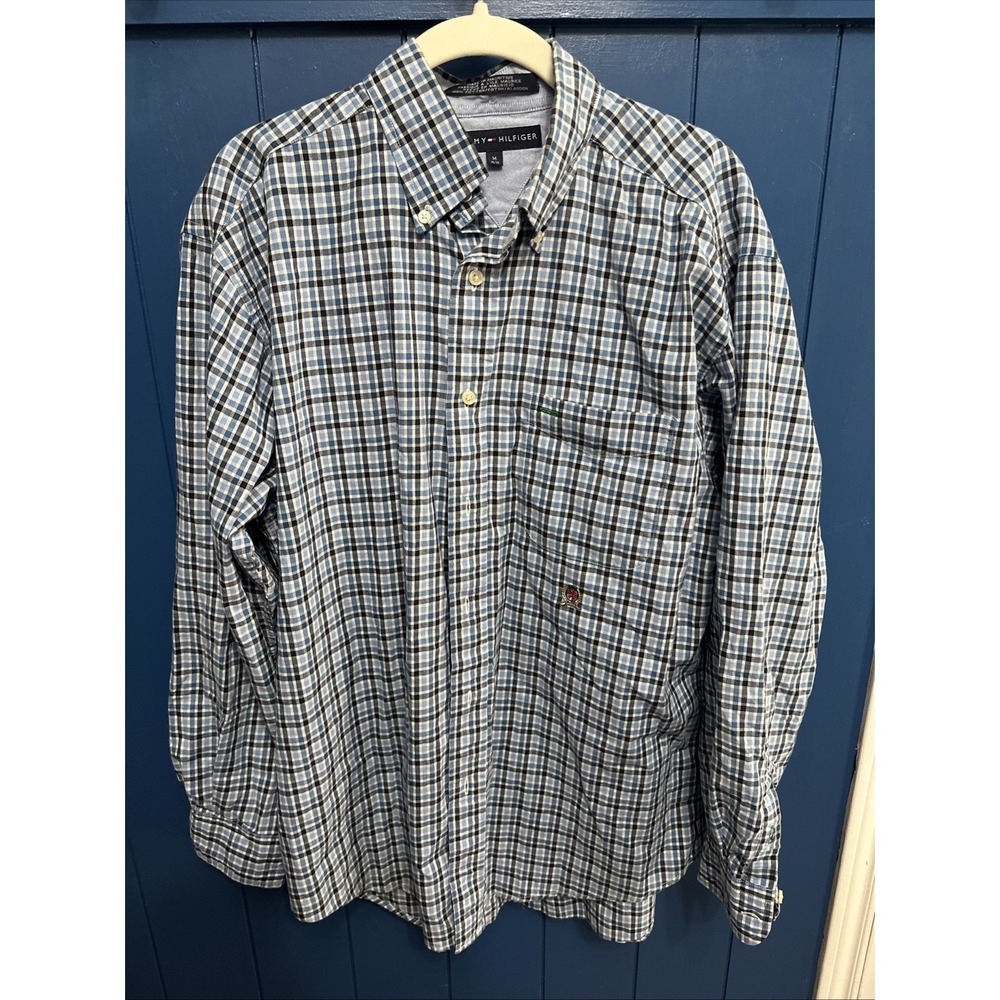 Vintage Tommy Hilfiger Shirt Mens‎ Medium Blue BlackWhite Plaid Long Sleeve